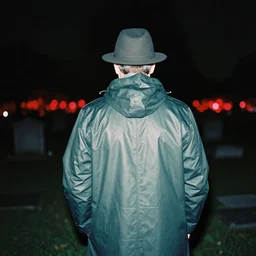 analog photograph of a man from the back wearing a raincoat and a hat in a cemetery at night by mark owen. red lights. bokeh. cinematic. hq. detailed. contrast. cinestill 8 0 0 t
