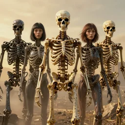 Skeletal Androids embrace , highly detailed, half skull face, cinematic, 8k,by Stanley Artgermm,Tom Bagshaw,Greg Rutkowski,Carne Griffiths, Ayami Kojima, Beksinski, Giger,trending on DeviantArt,hyper detailed,horror, full of colour, golden hour