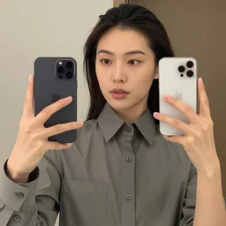Chinese woman wearing a Y-3 button-up, iPhone photo, selfie