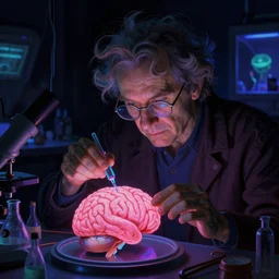 close - up view of an ultraviolet mad scientist with crazy hair experimenting on an pink brain in a dark glowing laboratory, highly detailed science fiction painting by norman rockwell, tim jacobus, simon bisley, and sanjulian. detailed texture, rich colors, high contrast, gloomy atmosphere, dark background. trending on artstation