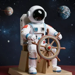 a space captain steering a giant steering wheel, space backdrop, canon 5 d 5 0 mm lens, everything made of papier - mache