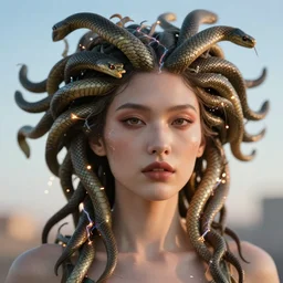 a cyberpunk close up portrait of cyborg medusa, electricity, snakes in hair, sparks, bokeh, soft focus, skin tones, warm, sky blue, daylight, geometric, by paul lehr, jesper ejsing