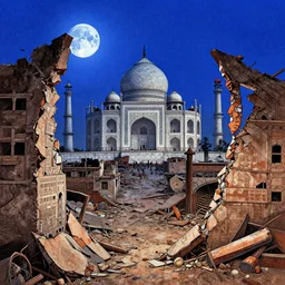 india - torn, crumbling city, blue moon shining in sky, engraving, artstation, concept art, smooth, sharp focus, vivid grunge, manga, illustration, unreal engine 5, 8 k, art by bilibin and kuvshinov and malevich and mucha