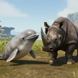fusion between a narwhal and a rhino with 2 legs on land, ark survival evolved screenshot, unreal engine 5