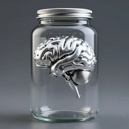 “a clean, refined silver brain in jar cyborg, heavy plating with rubbery soft points, aluminum alloys, reflective curvature, emissive highlights”
