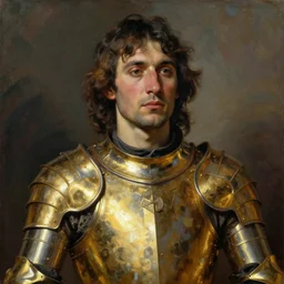 indigenous man with a golden armour, painted by lucian freud, hd, super detailed, realistic, muted colors