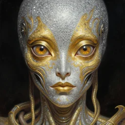 close up sci - fi cosmic horror art simon stalenhag robot eyes, gold silver and diamond skin, elegant, highly detailed, centered, digital painting, concept art, smooth, sharp focus, illustration, artgerm, tomasz alen kopera, peter mohrbacher, donato giancola, joseph christian leyendecker, wlop, frank frazetta