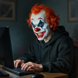Caricature portraits done of an angry british clown wearing a black hoodie and typing in a dark room on a computer late at night, realistic, hyperrealistic, very realistic, highly detailed, very detailed, extremely detailed, detailed, oil painting, digital art, trending on artstation