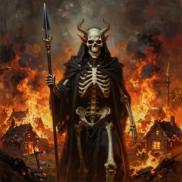 a highly detailed cloaked skeleton demon holding a spear watching a house on fire, firestorm, burning village, highly detailed digital art, cinematic, hyper realism, oil on canvas, trending on Artstation, octane render