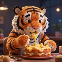large knitted tiger eating mac and cheese nighttime Trending on artstation, featured on Behance, well-rendered, Unreal Engine, 4K HD