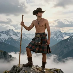 a portrait by greg rutkowski and albert bierstadt of a handsome shirtless desi hiker on a mountain peak. he is wearing a tartan kilt, cowboy hat, and leather boots. he is holding a long wood pole and is glowing slightly. background is snowy mountains and clouds. homoerotic, highly detailed, detailed face, dramatic, ethereal, dreamlike. trending on artstation