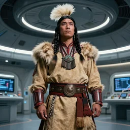 portrait of iroquois warrior standing in front of a space ship command center, fashion editorial photography, waist up, low angle