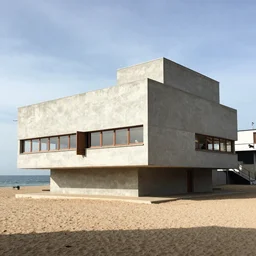 art gallery, brutalist architecture, next to the beach, built by Le Corbusier