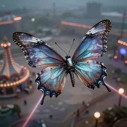 promotional still, high angle, a ( robotic butterfly ) ( metal aerodynamic wings ) ( spaceship ), slightly glowy, flying over desolate amusement park, firing lasers, ultrarealistic, bokeh, detailed, hq 8 k 4 k, dramatic lighting, frightening, imax 7 0 mm, reminiscent of et extraterrestrial edward scissorhands.