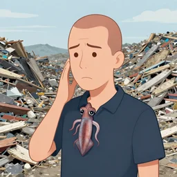 an illustration, in the style of a landfill, of a man confused with a squid. his head is sprouting myriad tentacle fractals, and his brain has enlarged to the size of a small village.