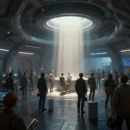 concept art, artstation, a crowded room inside a futuristic spacship, ooctane render, 3 d render, volumetric light,