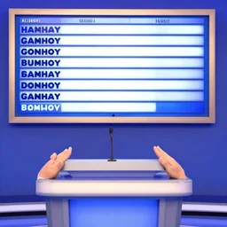 an episode of family feud, hands on faceoff podium, answer board overhead, full set view, painted by jan van eyck,
