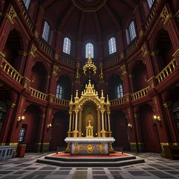 hyper detailed interior of a domed cathedral with deep red black and gold accents, elaborate altar in the center with balconies along the side, built in minecraft, voxels