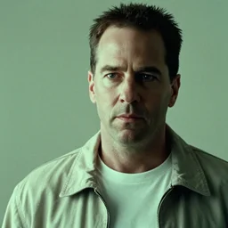 film still of Bryan Cranston as Neo in The Matrix (1999), light green tint, film grain, dof