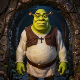 Shrek dressed up as pope in the dark sewers, creopy photo