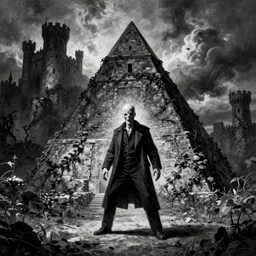 pyramidhead punishment, lean man, distant landscape covered in vines, castle, black and white, carravaggio, horror