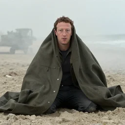 Movie still of Mark Zuckerberg taking cover on Omaha Beach in Saving Private Ryan, establishing shot, smoke, gritty, action photo