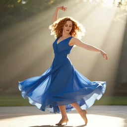 portrait of christina hendricks dancing swirling in the morning sun - rays, blue clothes