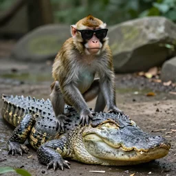 a dramatic footage of a monkey riding an alligator wearing sunglasses