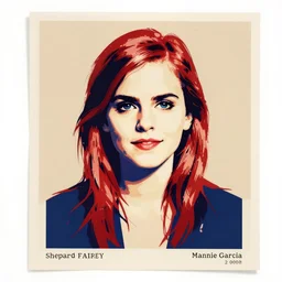 stylized stencil portrait of emma watson ( colored red, beige, and blue ) by shepard fairey, mannie garcia ( 2 0 0 8 )