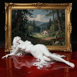 an all white emily ratajkowski, full body laying in a blood red pool of water between a golden mirror frame, outside is space at the bohemian grove and inside the mirror frame is a beautiful landscape., physically accurate, dynamic lighting, intricate, elegant, highly detailed, very very roberto ferri, sharp focus, very very unsettling, very terrifying, illustration, art