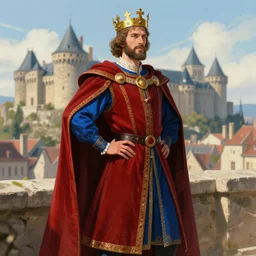 medieval young king standing with one arm on his hip, luxury royal red and blue clothes, with a majestic cape and golden crown, king have a beard, city of carcassonne in the background by stanley artgerm lau, wlop, rossdraws, frank frazetta, andrei riabovitchev, marc simonetti, tranding on artstation
