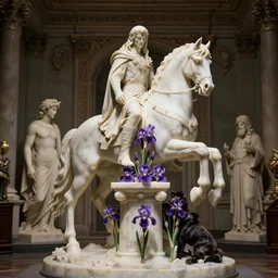 a nazgul on his horse, lord of the rings, sculpted by michelangelo and pete morbacher, in center of the room stands exhibit of beautiful purple iris flowers sitting atop a large pillar made of white marble, in focus, hyperrealistic, cinematic, dramatic lighting, down light, intricate details, hypermaximalist, ornate, creepy, no blur