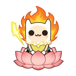 kawaii wacky fluffy popcorn with lightning bolt power, yokai, in the style of an adventure time character, with a smiling face and flames for hair, sitting on a lotus flower, white background, simple, clean composition, symmetrical