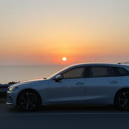 a car parked in front of the camera and in the background the sun setting over the sea