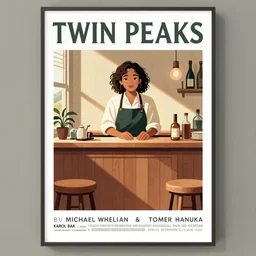poster artwork by Michael Whelan and Tomer Hanuka, Karol Bak of Alexandria Ocasio-Cortez bartender, from scene from Twin Peaks, clean, simple illustration, nostalgic, domestic, full of details