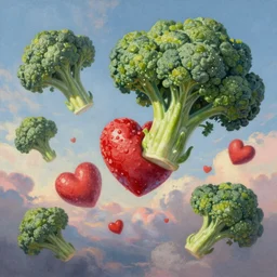 a detailed fantasy painting of romantic hearts in the sky and big broccolis floating in the sky, by lauri blank, artgerm, evelyn de morgan, 8K, 50mm lens