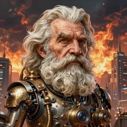 gigantic head beard old man upon cybernetic city, sky on fire, hyper detailed, hight detailed, ultra realistic, steampunk, artstation, cgsociety, 8 k