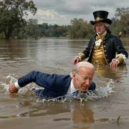 Joe Biden swimming in Kentucky flood waters, Realistic, Regal, Refined, Detailed Digital Art, Michael Cheval, Walt Disney (1937), François Boucher, Oil Painting, Steampunk, Highly Detailed, Cinematic Lighting, Unreal Engine, 8k