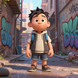 Scrafty in a grafitti street alley, rendered in octane, by Pixar