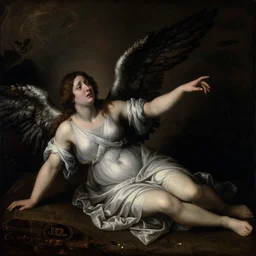 a woman fallen angel, crying and reaching with her arm, dark background, beam of light, dramatic, renaissance painting