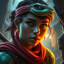 highly detailed portrait of april o'neal and teenage mutant ninja turtle donatello, stephen bliss, unreal engine, fantasy art by greg rutkowski, loish, rhads, ferdinand knab, makoto shinkai and lois van baarle, ilya kuvshinov, rossdraws, tom bagshaw, alphonse mucha, global illumination, radiant light, detailed and intricate environment
