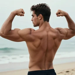 photo of an handsome man flexing back muscles on the beach, seen from the back, herculean, bulging muscular figure, beautiful gigachad, soft lighting, highly detailed face, sharp focus, sophie anderson, arnold armitage, loish, thomas kinkade