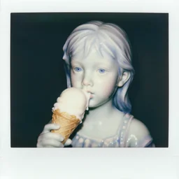 a porcelain portrait of a girl is melting like an ice cream, realistic detailed photography polaroid
