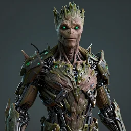 human goth groot ; adult male 3 0 years ; sharp facial features ; slender ; vampire ; wearing high tech armour ; robot ; glowing green eyes ; trending on artstation ; high detail ; digital art