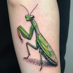 ! dream tattoo of a cyborg praying mantis slightly chill, green, white, and black ink, hyperdetailed, realistic