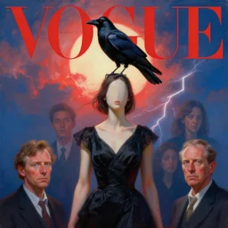 morning, raven bird perching on a headless woman in a black dress. sun, cinematic, lightning clouds, vogue cover style, light red and deep blue mood, realistic painting, intricate oil painting, high detail, figurative art, multiple exposure, poster art, 3 d, stanley kubrick, by tooth wu and wlop and beeple and greg rutkowski.