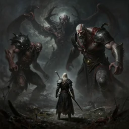 an ultra matte landscape painting of the hunter from bloodborne and kratos killing the great ones, elden ring art, epic fantasy, grimdark realism, cosmic horror, liminal space, ultrawide lens, d & d, intricate, highly detailed, digital painting, artstation, concept art, sharp focus, octane render, art by greg rutkowski and rembrandt