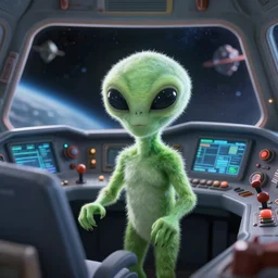 a fuzzy alien inside of a space ship cockpit in front of a dashboard with a lot of buttons and leavers, outer space can be seen through the window, 3 d animation style