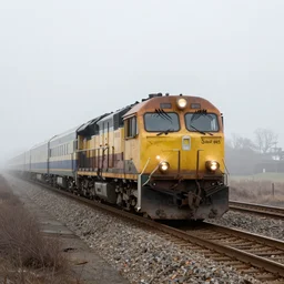 a train traveling down train tracks in the fog, a stock photo by jurg kreienbuhl, shutterstock contest winner, german romanticism, ue 5, depth of field, ominous