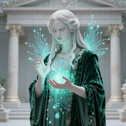 the ethereal god of technology bestows the gift of circuits to humanity. immaculate matte painting. fantastic. velvet and emerlad. high key studio lighting. fractal dreams. ancient greece, trending on artstation, cgsociety, ps 5, uhd 8 k cryengine